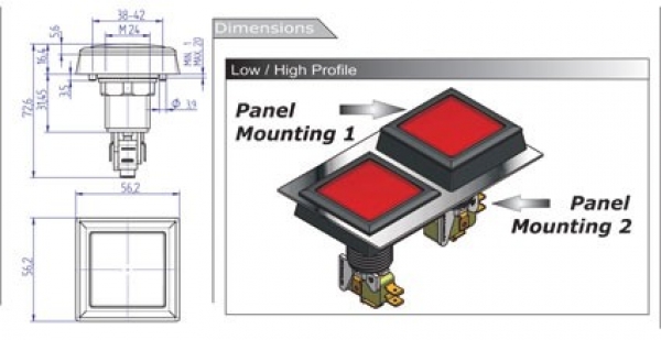 Illuminated Push Buttons 52,5x52,5 mm  Low Profil square