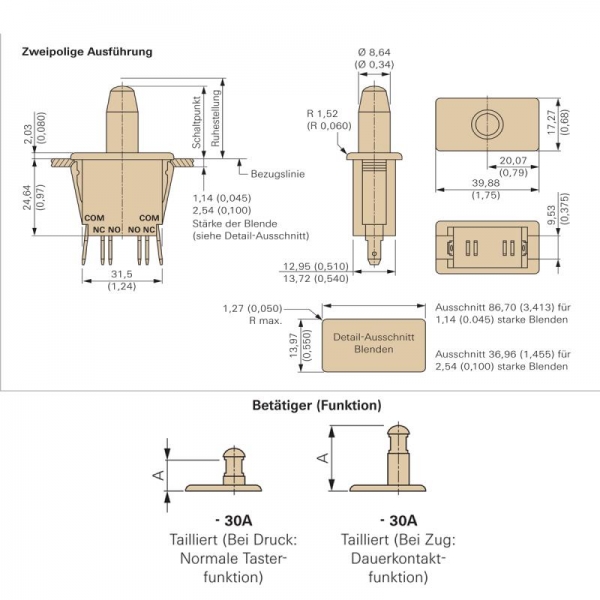 Service switch (door switch) double-pole contact terminal 6.3 x 0.8 mm E78-30A Au