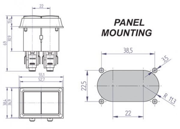 Double Push Buttons 37x53 mm rectangular